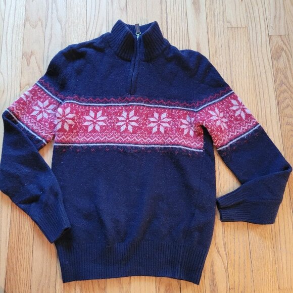 Navy Blue Wool Blend Nordic Sweater With Snowflake Pattern & Zip Collar - Picture 5 of 7
